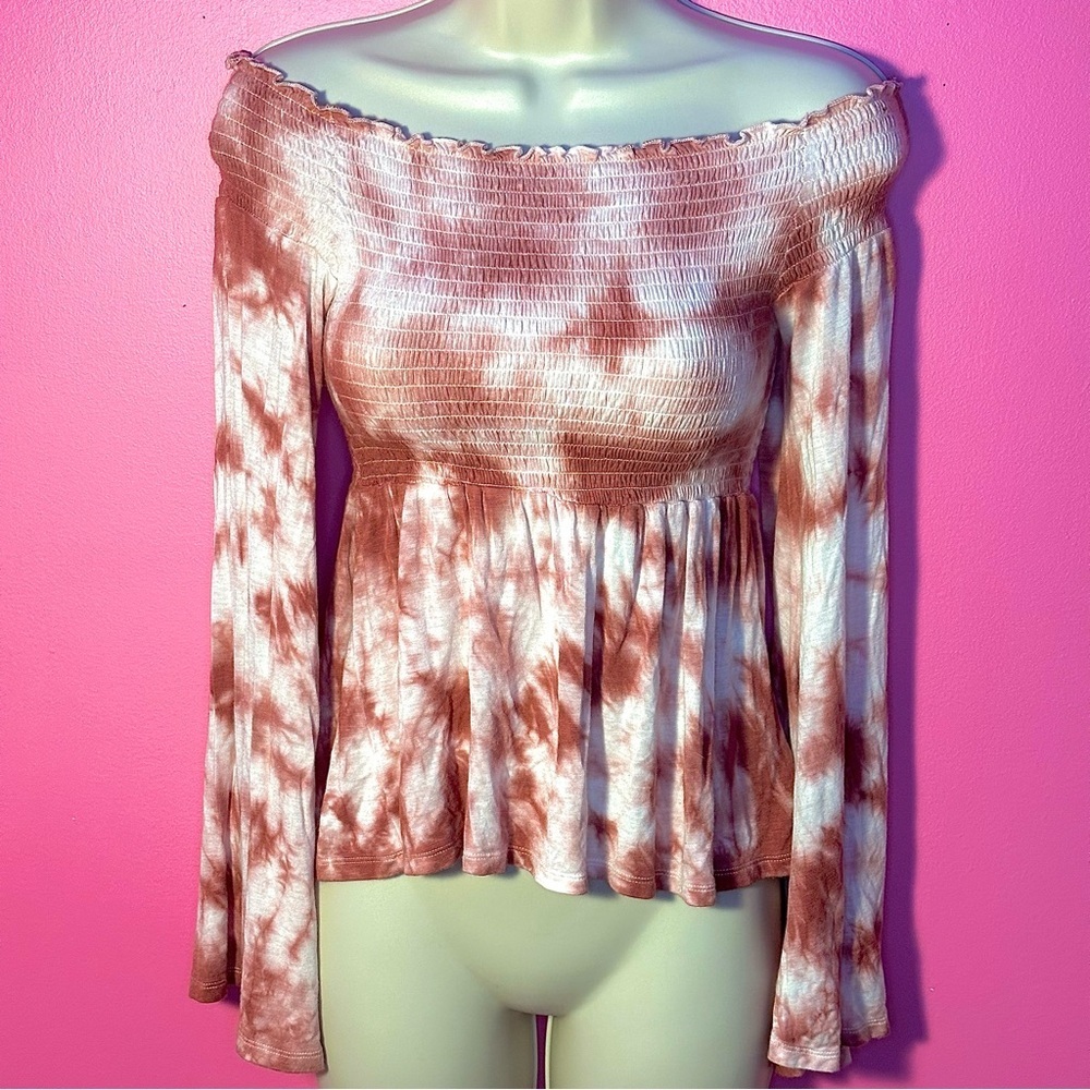Off Shoulder Top - Smocked Peplum Tie Dye - Mauve - Size Small
